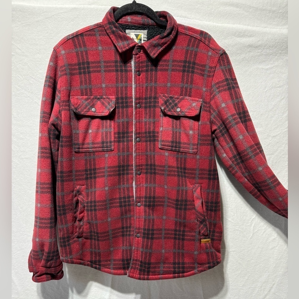 Men’s VOYAGER plaid Fleece Coat Black/red Snap Buttons Size Small - Picture 1 of 8